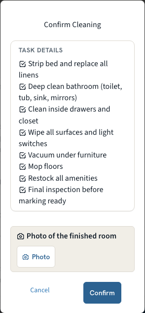 Confirm Cleaning popup with the Photo of the finished room field