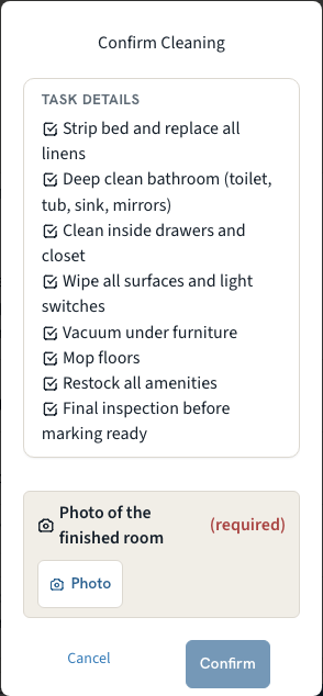 Confirm Cleaning popup in Required mode: (required) label and a disabled Confirm button