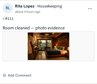 Room activity feed showing the Room cleaned — photo evidence note with its photo