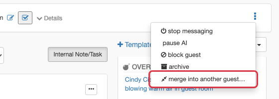 Guest profile actions menu showing the merge into another guest option