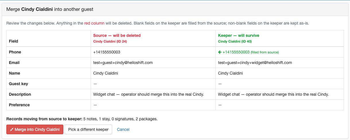 Merge Guests page showing the search results and the side-by-side keeper vs duplicate comparison