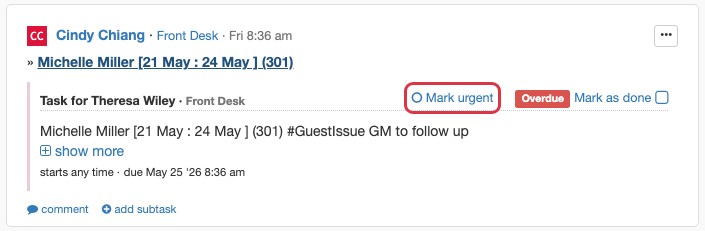 Open task showing the Mark urgent button next to the Mark as done button