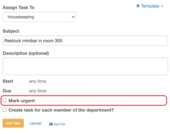 Task creation form with the Mark urgent checkbox highlighted below the deadline fields