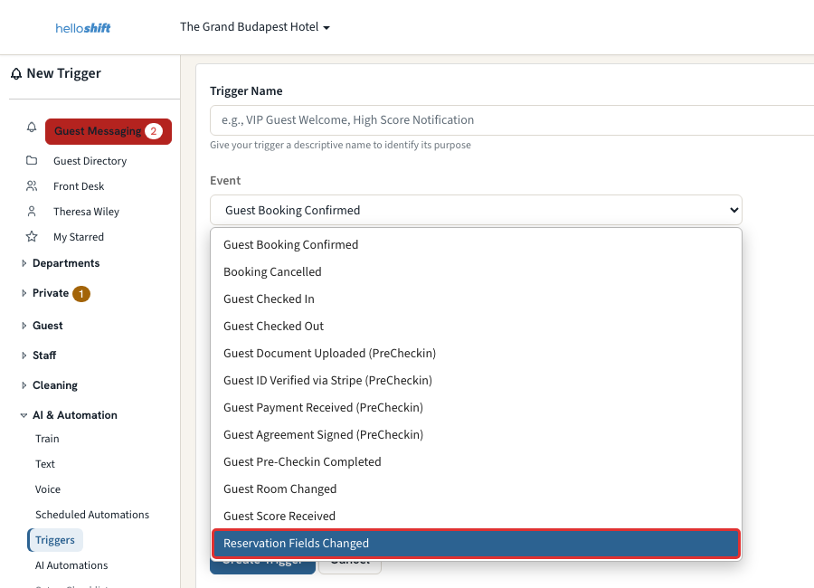 Trigger form with the Event dropdown open and Reservation Fields Changed highlighted
