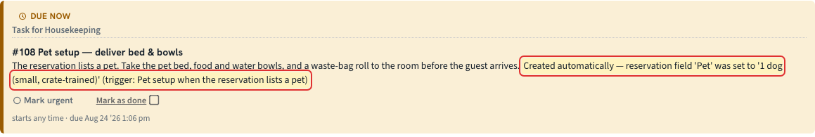 Task detail showing the automatic creation reason naming the reservation field, its value and the trigger