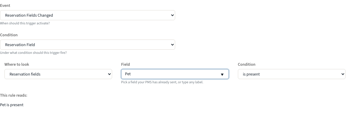Reservation Field condition builder showing the source, field, condition and value controls with the live summary line beneath