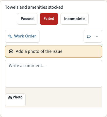 Failed inspection item expanded with the Add a photo of the issue prompt