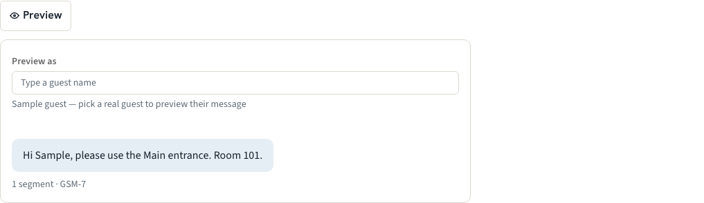Preview panel showing the rendered message and the segment count