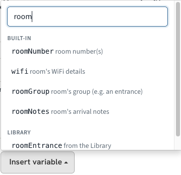 Insert variable picker with the filter and the Built-in and Library groups