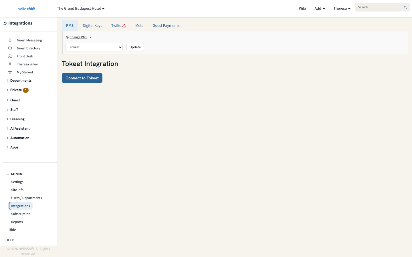 HelloShift Integrations page with Tokeet selected in the PMS dropdown and the Connect to Tokeet button