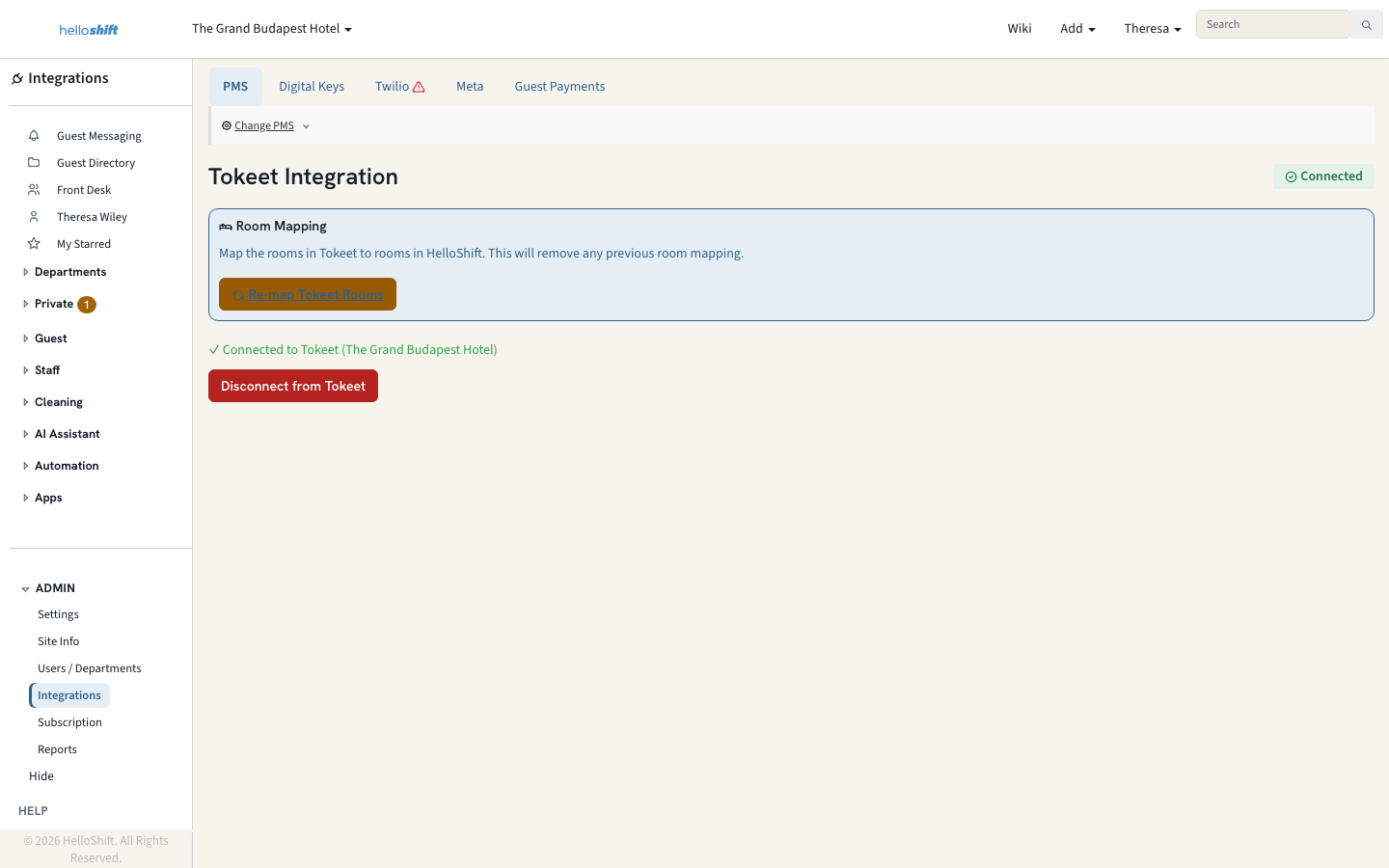 HelloShift Integrations page showing Connected to Tokeet with the account name and Re-map Tokeet Rooms