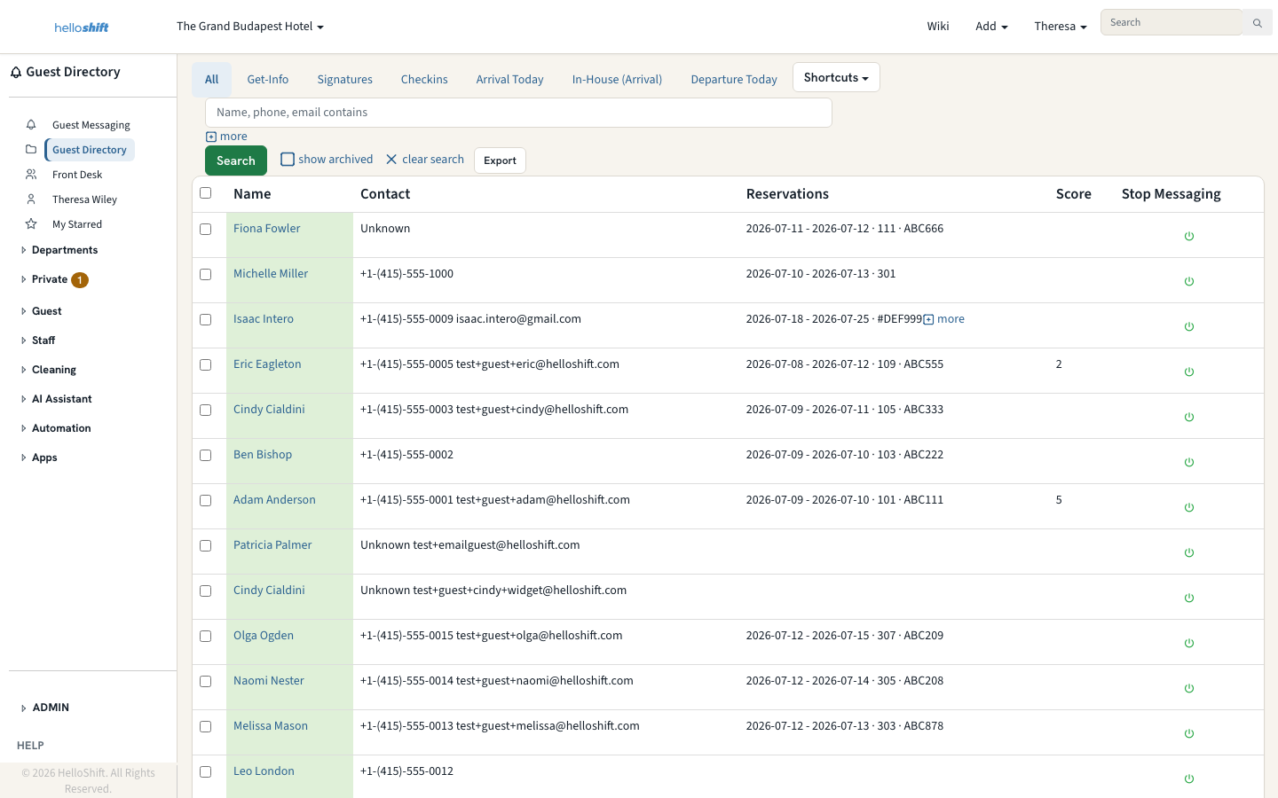 HelloShift Guest Directory showing imported bookings with stay dates, rooms, and confirmation numbers