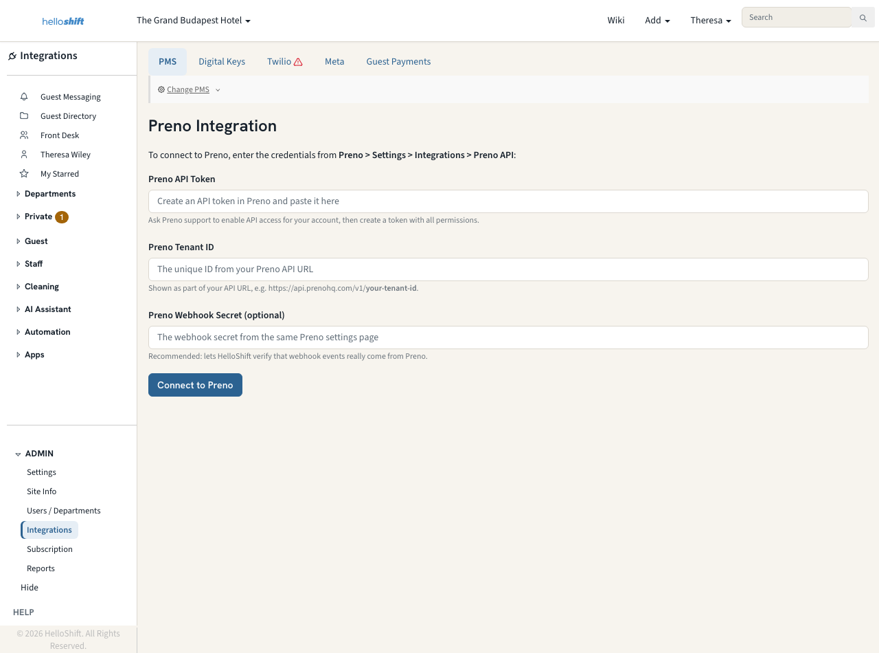 HelloShift Integrations page showing the Preno connection form with API Token, Tenant ID, and Webhook Secret fields