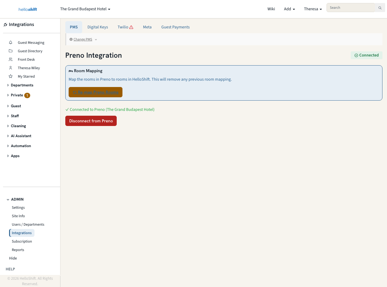 HelloShift Integrations page showing Connected to Preno with the hotel name and the Re-map Preno Rooms button
