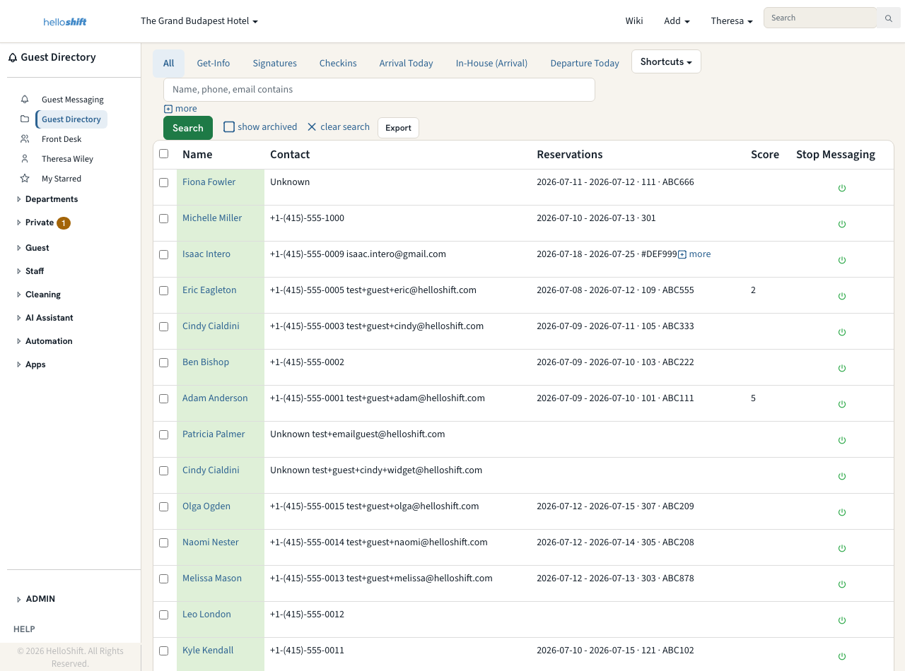 HelloShift Guest Directory showing imported bookings with stay dates, rooms, and confirmation numbers