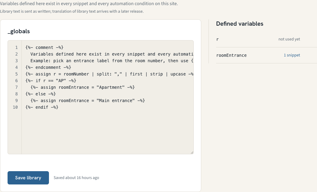 Snippet Library tab with the _globals editor and the Defined variables list