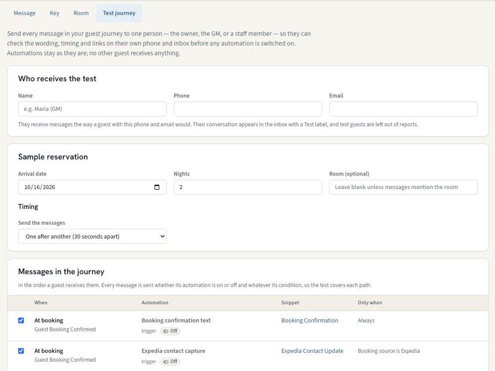 The Test journey page: who receives the test, the sample reservation, timing, and the messages in the journey