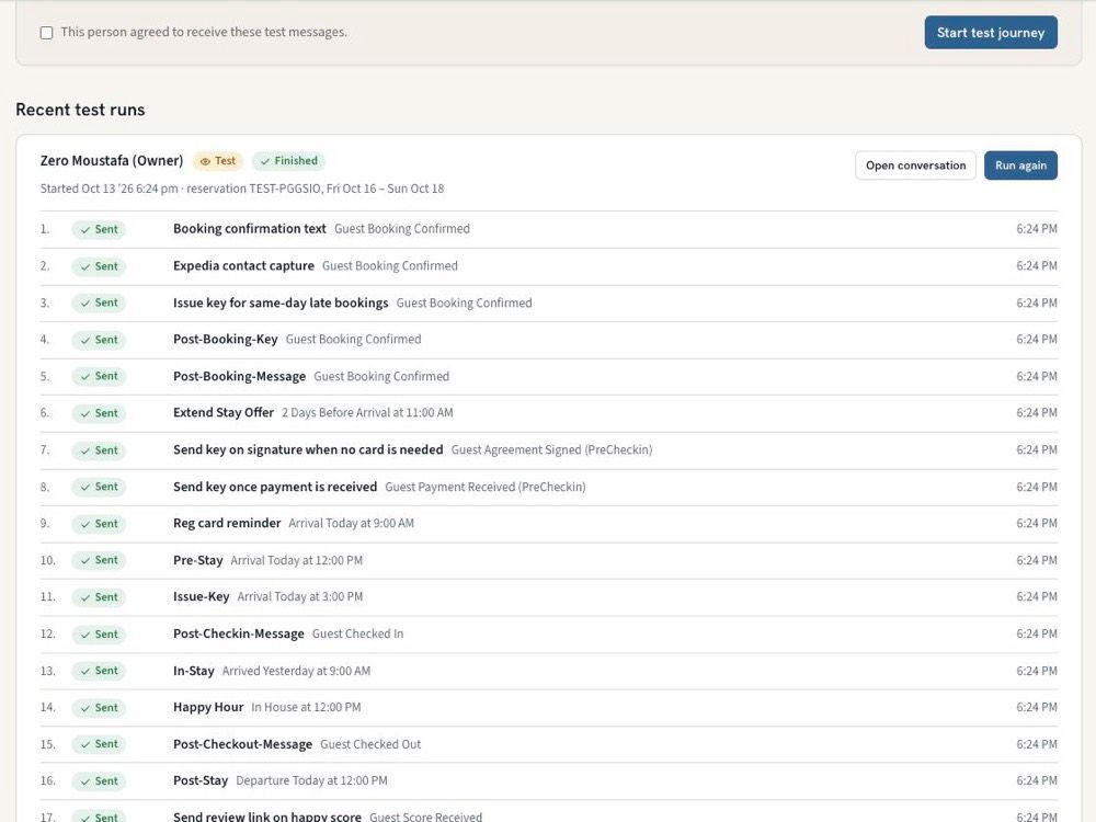 A finished test run with every message marked Sent